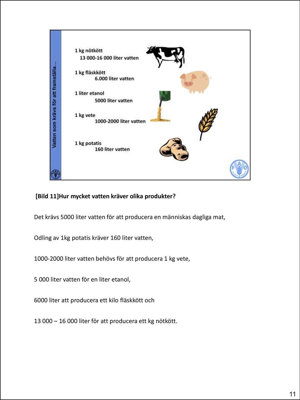 kräver 160 liter vatten, 1000-2000 liter vatten behövs för att producera 1 kg vete, 5 000