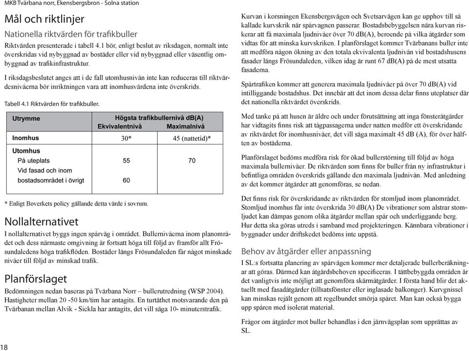 I riksdagsbeslutet anges att i de fall utomhusnivån inte kan reduceras till riktvärdesnivåerna bör inriktningen vara att inomhusvärdena inte överskrids. Tabell 4.1 Riktvärden för trafikbuller.