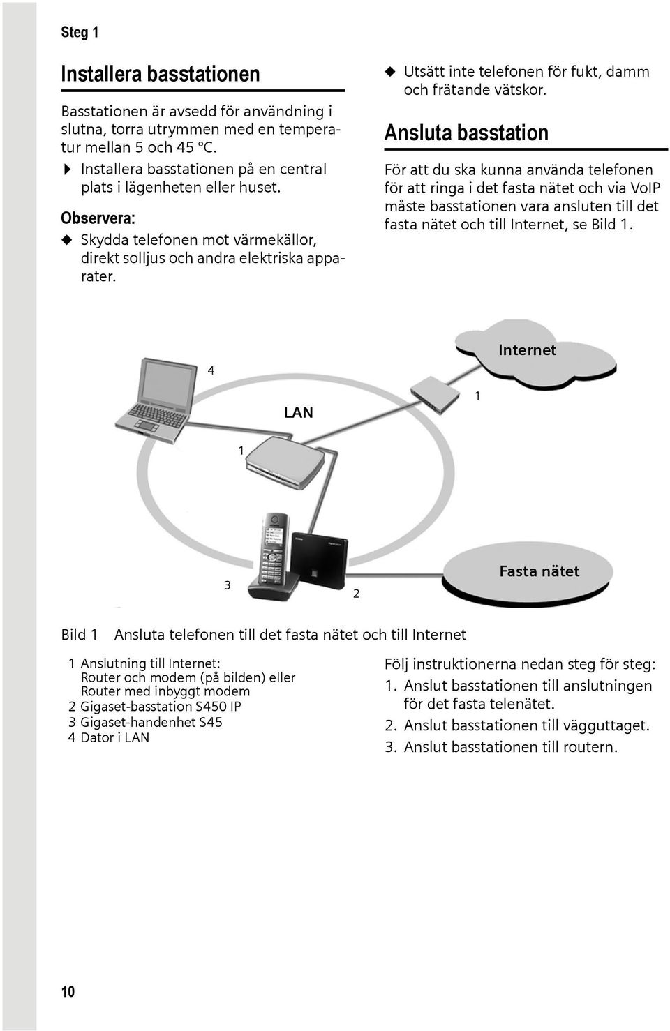 Ansluta basstation För att du ska kunna använda telefonen för att ringa i det fasta nätet och via VoIP måste basstationen vara ansluten till det fasta nätet och till Internet, se Bild 1.