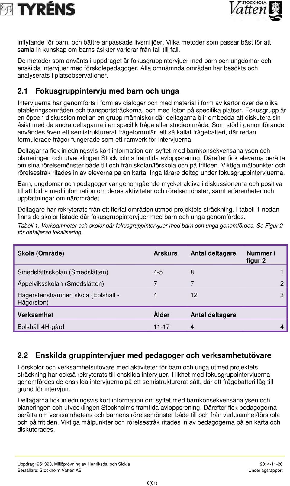 2.1 Fokusgruppintervju med barn och unga Intervjuerna har genomförts i form av dialoger och med material i form av kartor över de olika etableringsområden och transportsträckorna, och med foton på