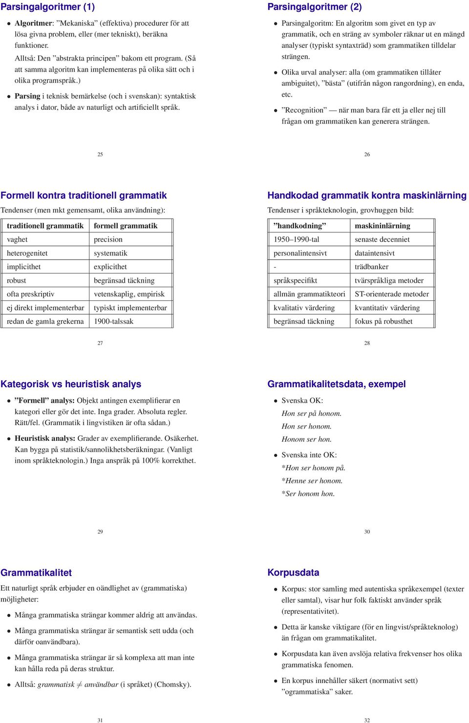 Parsingalgoritmer (2) Parsingalgoritm: En algoritm som givet en typ av grammatik, och en sträng av symboler räknar ut en mängd analyser (typiskt syntaxträd) som grammatiken tilldelar strängen.