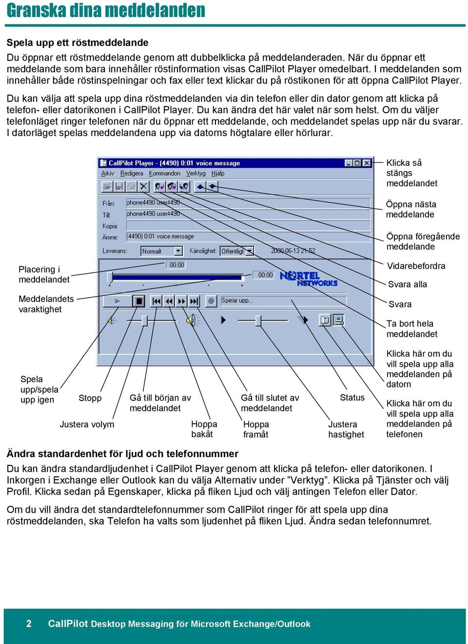 I meddelanden som innehåller både röstinspelningar och fax eller text klickar du på röstikonen för att öppna CallPilot Player.