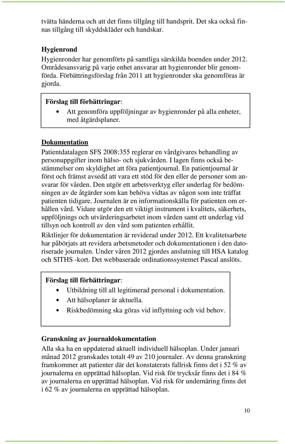 Förbättringsförslag från 2011 att hygienronder ska genomföras är gjorda. Att genomföra uppföljningar av hygienronder på alla enheter, med åtgärdsplaner.