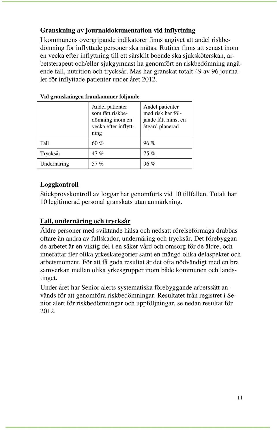 trycksår. Mas har granskat totalt 49 av 96 journaler för inflyttade patienter under året 2012.