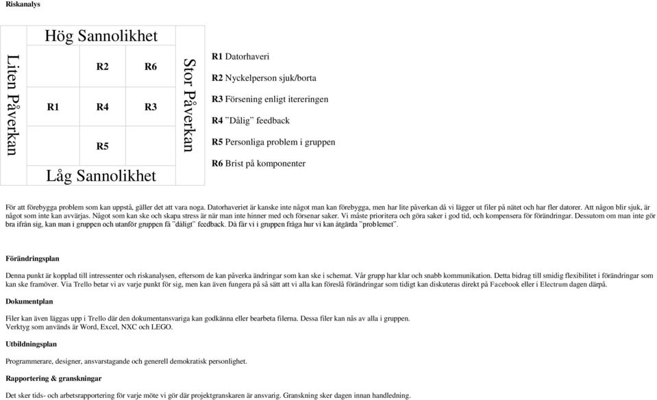 Datorhaveriet är kanske inte något man kan förebygga, men har lite påverkan då vi lägger ut filer på nätet och har fler datorer. Att någon blir sjuk, är något som inte kan avvärjas.