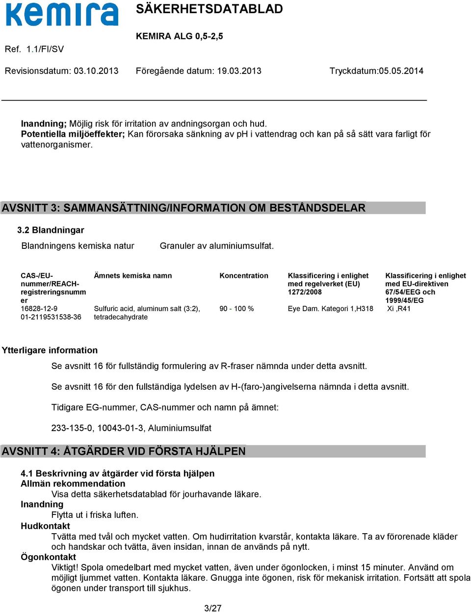 CAS-/EUnummer/REACHregistreringsnumm er 16828-12-9 01-2119531538-36 Ämnets kemiska namn Koncentration Klassificering i enlighet med regelverket (EU) 1272/2008 Sulfuric acid, aluminum salt (3:2),