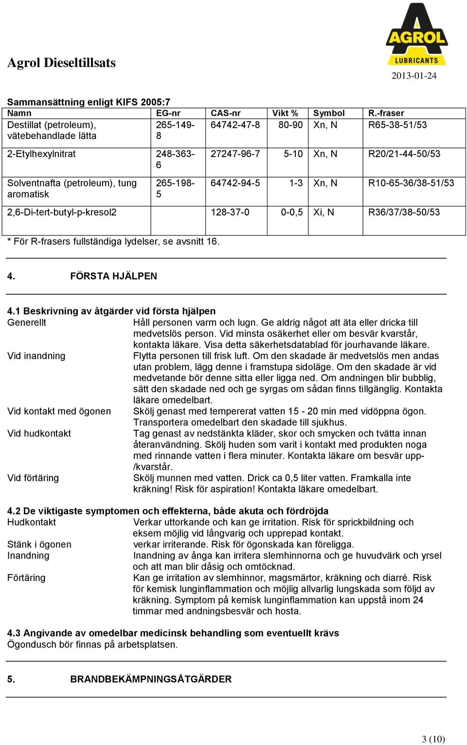 N R20/21-44-50/53 64742-94-5 1-3 Xn, N R10-65-36/38-51/53 2,6-Di-tert-butyl-p-kresol2 128-37-0 0-0,5 Xi, N R36/37/38-50/53 * För R-frasers fullständiga lydelser, se avsnitt 16. 4. FÖRSTA HJÄLPEN 4.