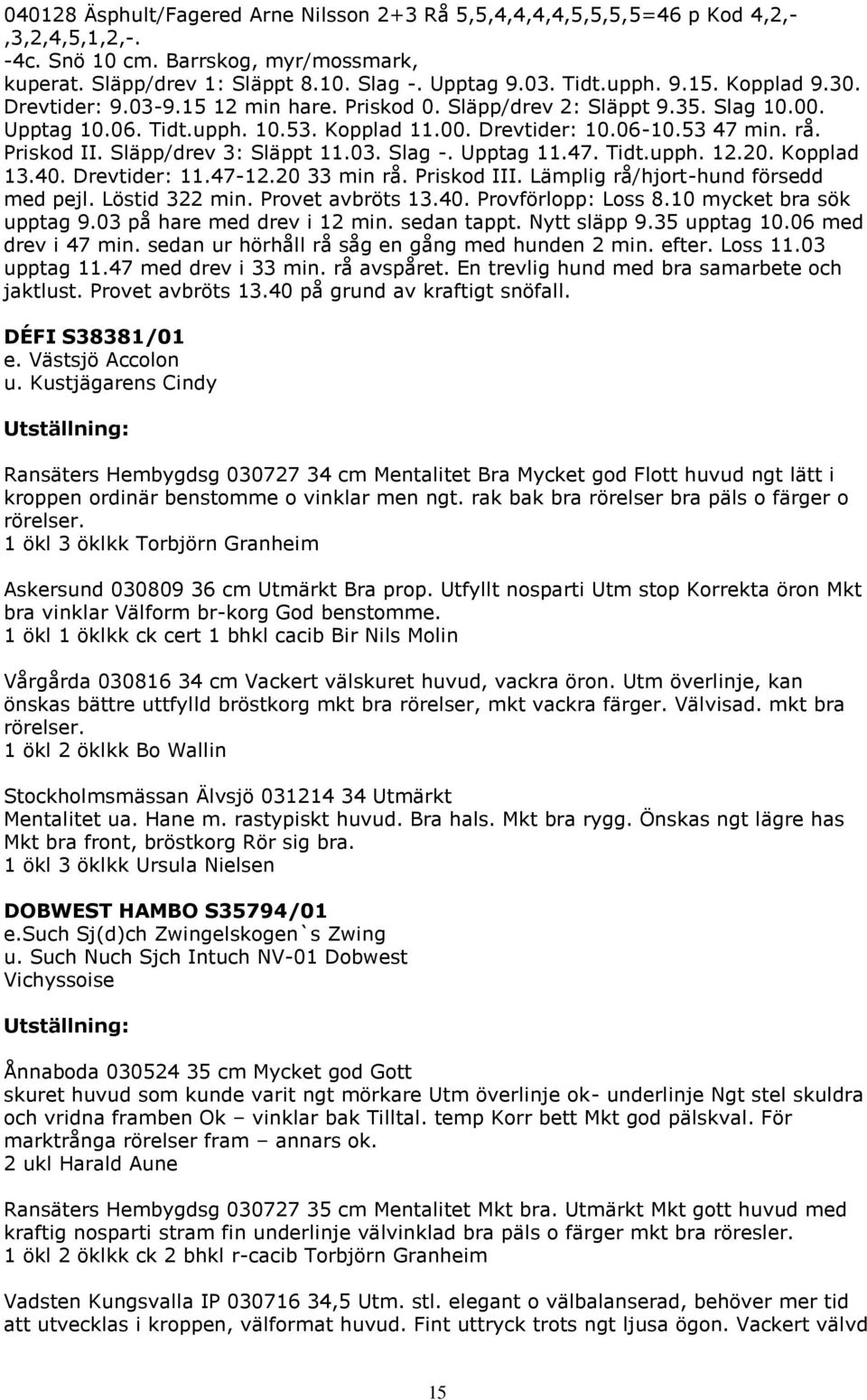 Släpp/drev 3: Släppt 11.03. Slag -. Upptag 11.47. Tidt.upph. 12.20. Kopplad 13.40. Drevtider: 11.47-12.20 33 min rå. Priskod III. Lämplig rå/hjort-hund försedd med pejl. Löstid 322 min.