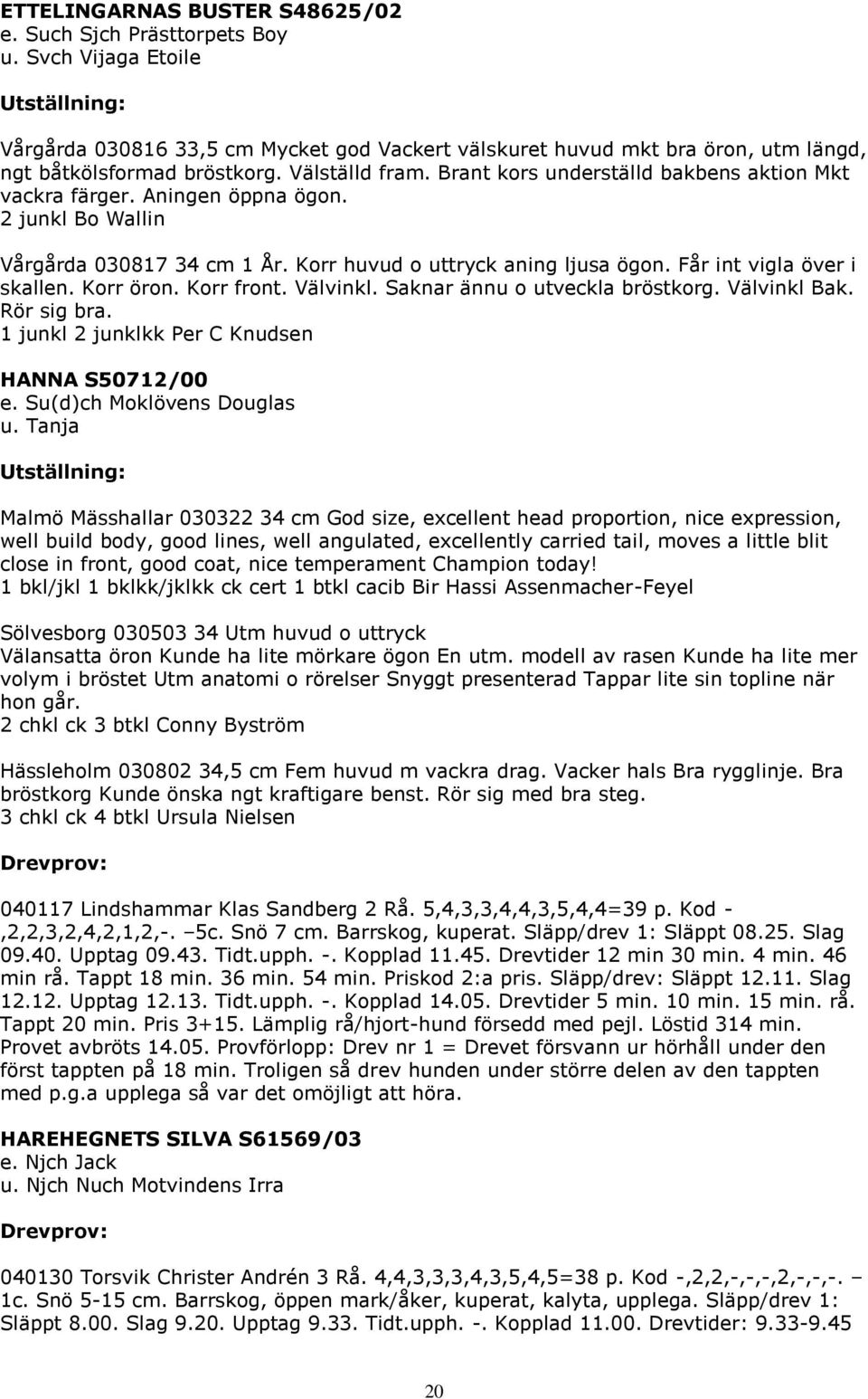 Får int vigla över i skallen. Korr öron. Korr front. Välvinkl. Saknar ännu o utveckla bröstkorg. Välvinkl Bak. Rör sig bra. 1 junkl 2 junklkk Per C Knudsen HANNA S50712/00 e.