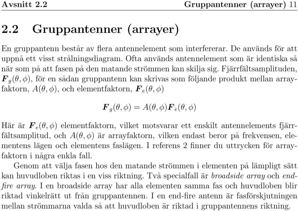 Fjärrfältsamplituden, F g (θ, φ), för en sådan gruppantenn kan skrivas som följande produkt mellan arrayfaktorn, A(θ, φ), och elementfaktorn, F e (θ, φ) F g (θ, φ) = A(θ, φ)f e (θ, φ) Här är F e (θ,