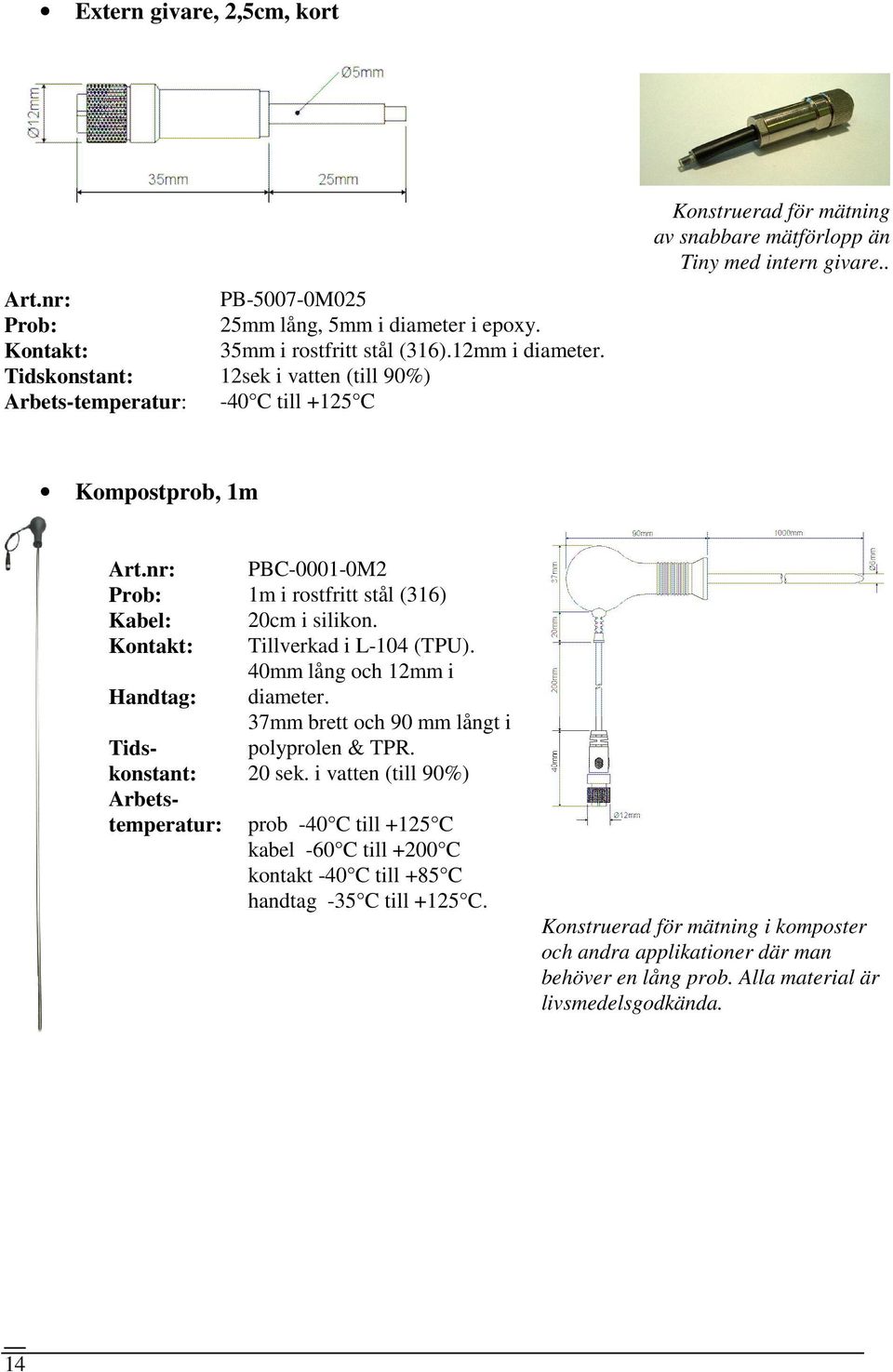 nr: Prob: Kabel: Kontakt: Handtag: Tidskonstant: Arbetstemperatur: PBC-0001-0M2 1m i rostfritt stål (316) 20cm i silikon. Tillverkad i L-104 (TPU). 40mm lång och 12mm i diameter.