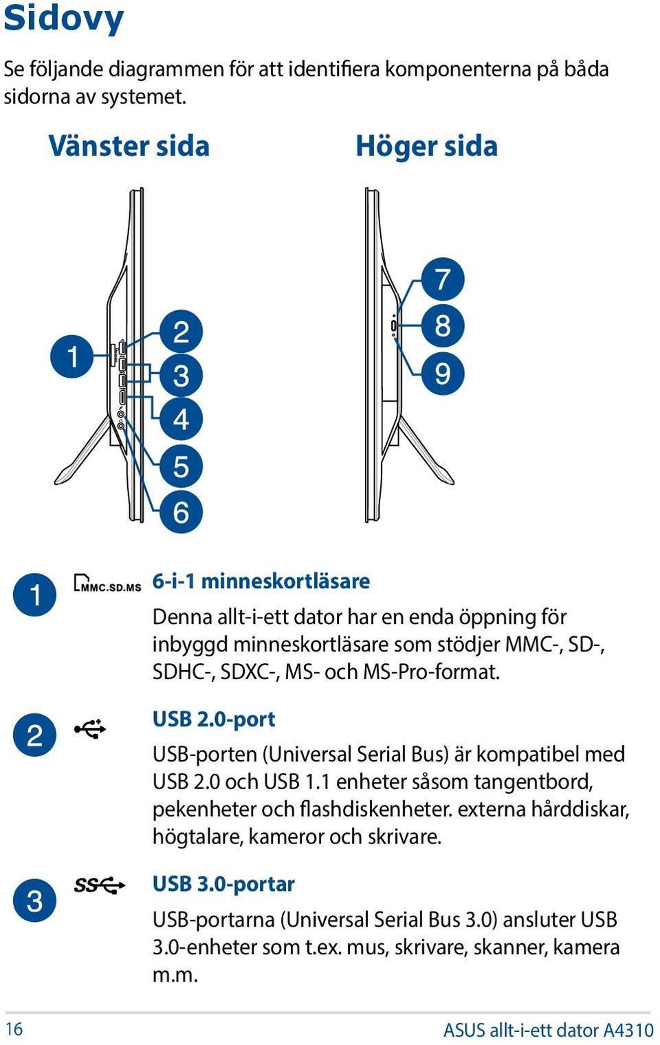 MS- och MS-Pro-format. USB 2.0-port USB-porten (Universal Serial Bus) är kompatibel med USB 2.0 och USB 1.