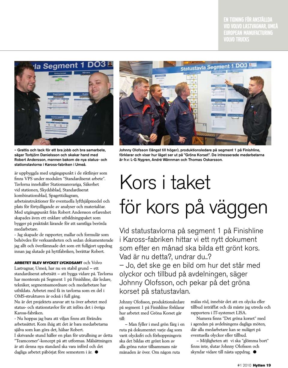 Tavlorna innehåller Stationsansvariga, Säkerhet vid stationen, Skyddsblad, Standardiserat kombinationsblad, Spagettidiagram, arbetsinstruktioner för eventuella lyfthjälpmedel och plats för