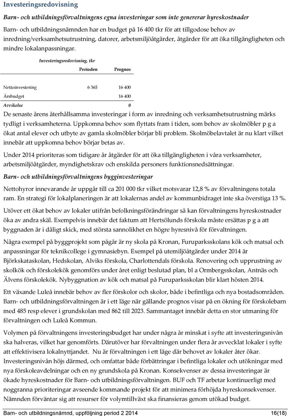 Investeringsredovisning, tkr Perioden Prognos Nettoinvestering 6 365 16 400 Årsbudget 16 400 Avvikelse 0 De senaste årens återhållsamma investeringar i form av inredning och verksamhetsutrustning