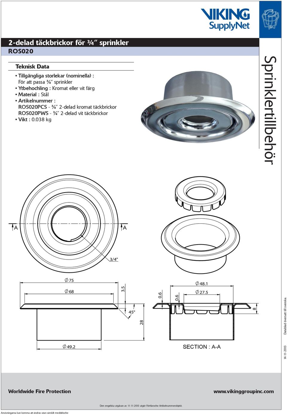 kromat täckbrickor ROS020PWS - ¾ 2-delad vit täckbrickor Vikt :