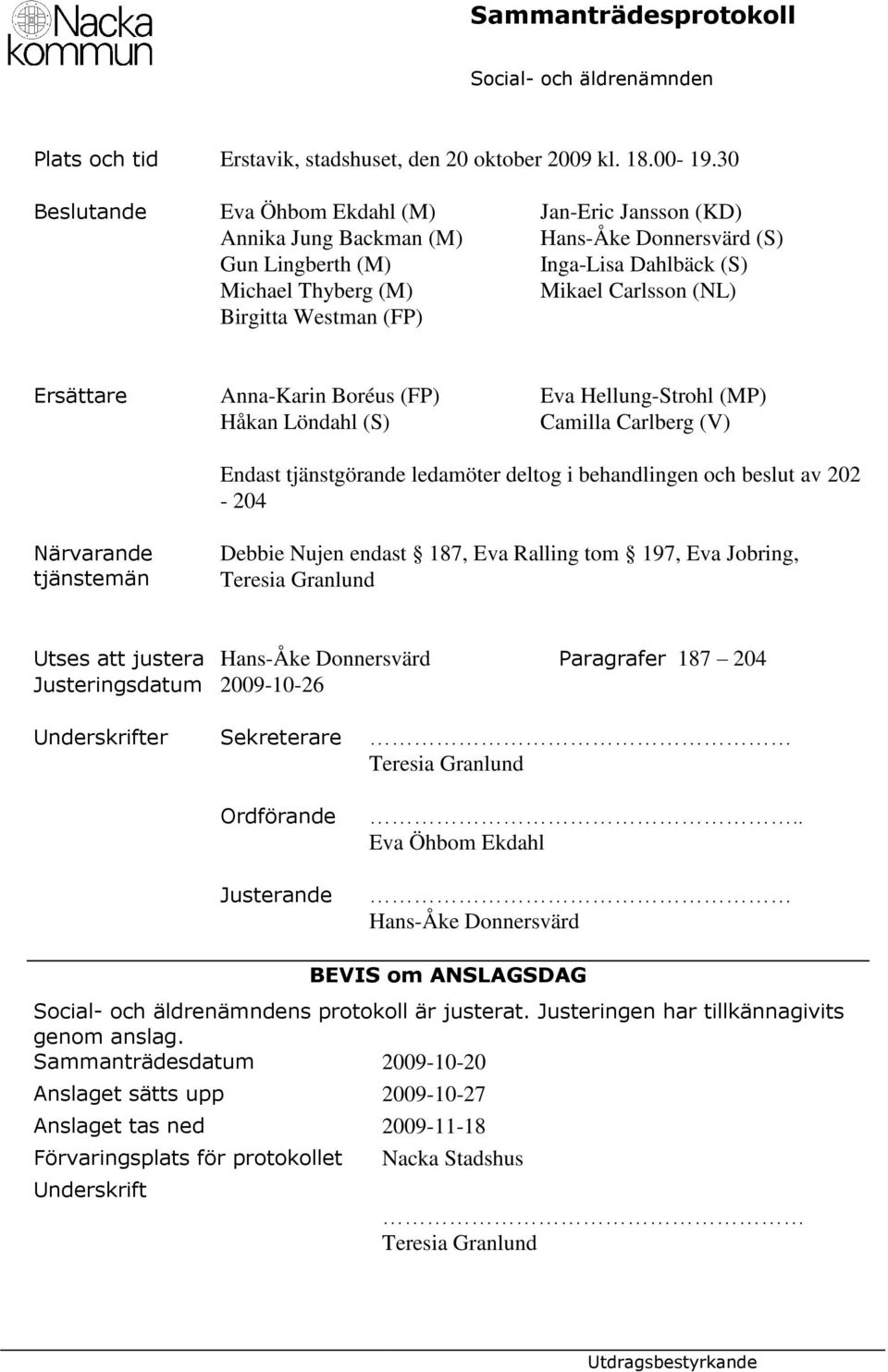 (FP) Ersättare Anna-Karin Boréus (FP) Eva Hellung-Strohl (MP) Håkan Löndahl (S) Camilla Carlberg (V) Endast tjänstgörande ledamöter deltog i behandlingen och beslut av 202-204 Närvarande tjänstemän