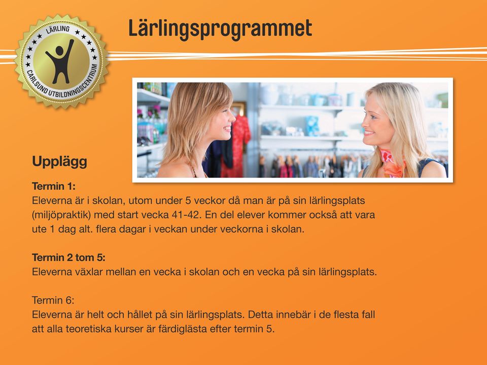 Termin 2 tom 5: Eleverna växlar mellan en vecka i skolan och en vecka på sin lärlingsplats.
