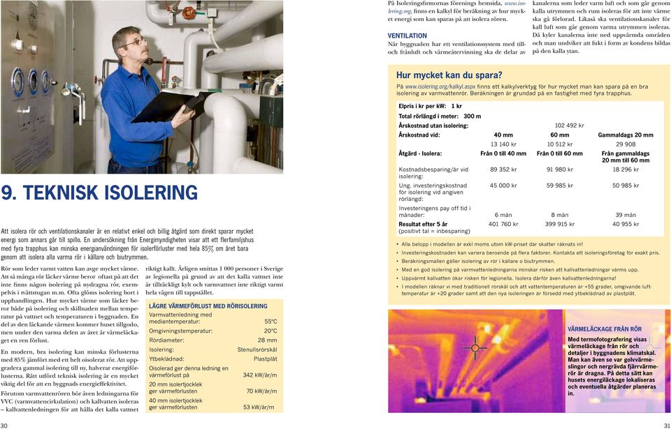 inte värme ska gå förlorad. Likaså ska ventilationskanaler för kall luft som går genom varma utrymmen isoleras.