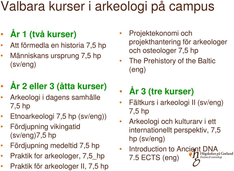 7,5_hp Praktik för arkeologer II, 7,5 hp Projektekonomi och projekthantering för arkeologer och osteologer 7,5 hp The Prehistory of the Baltic (eng) År 3