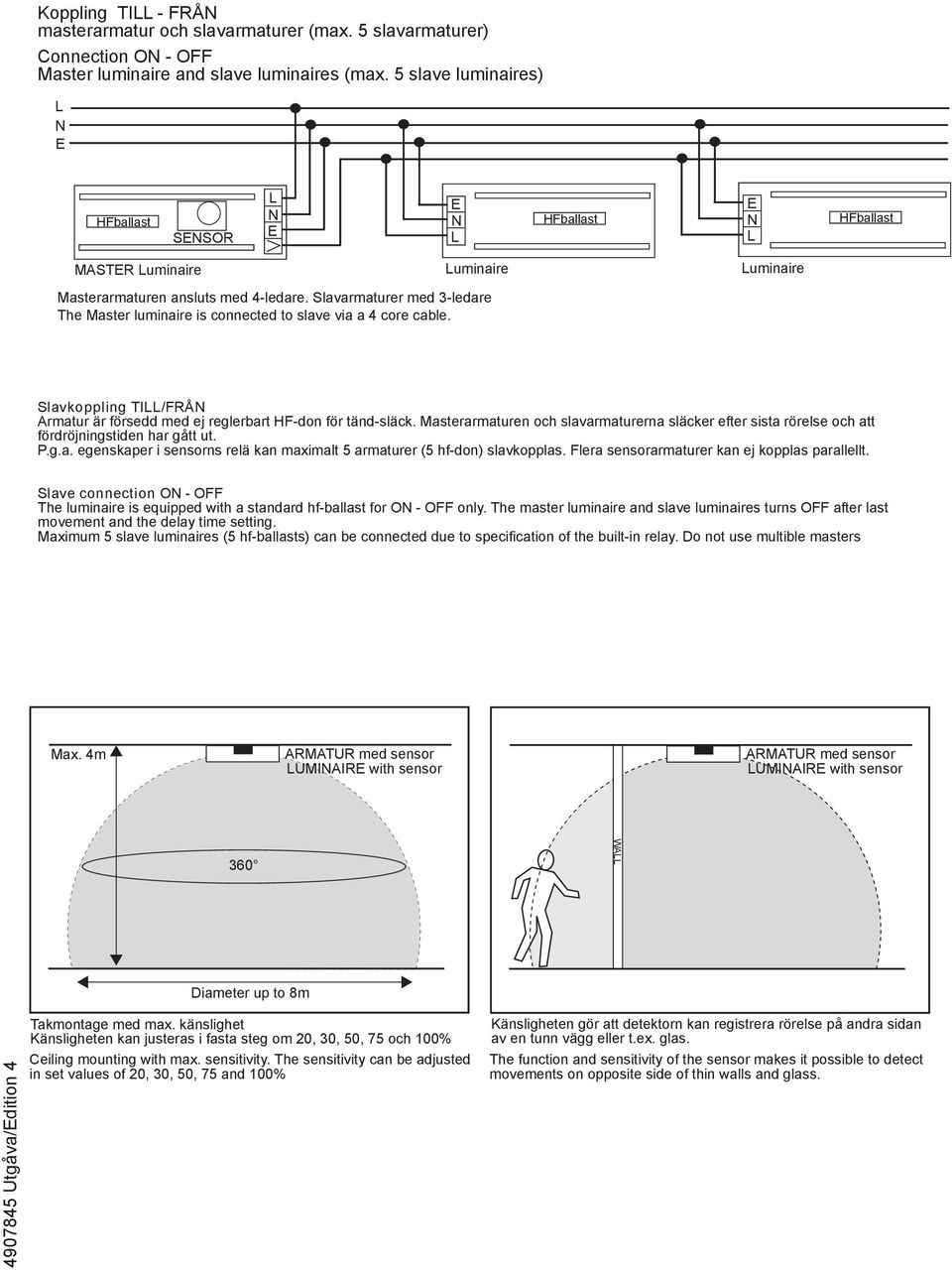 Slavarmaturer med 3-ledare The Master luminaire is connected to slave via a 4 core cable. Slavkoppling T/FRÅ Armatur är försedd med ej reglerbart HF-don för tänd-släck.