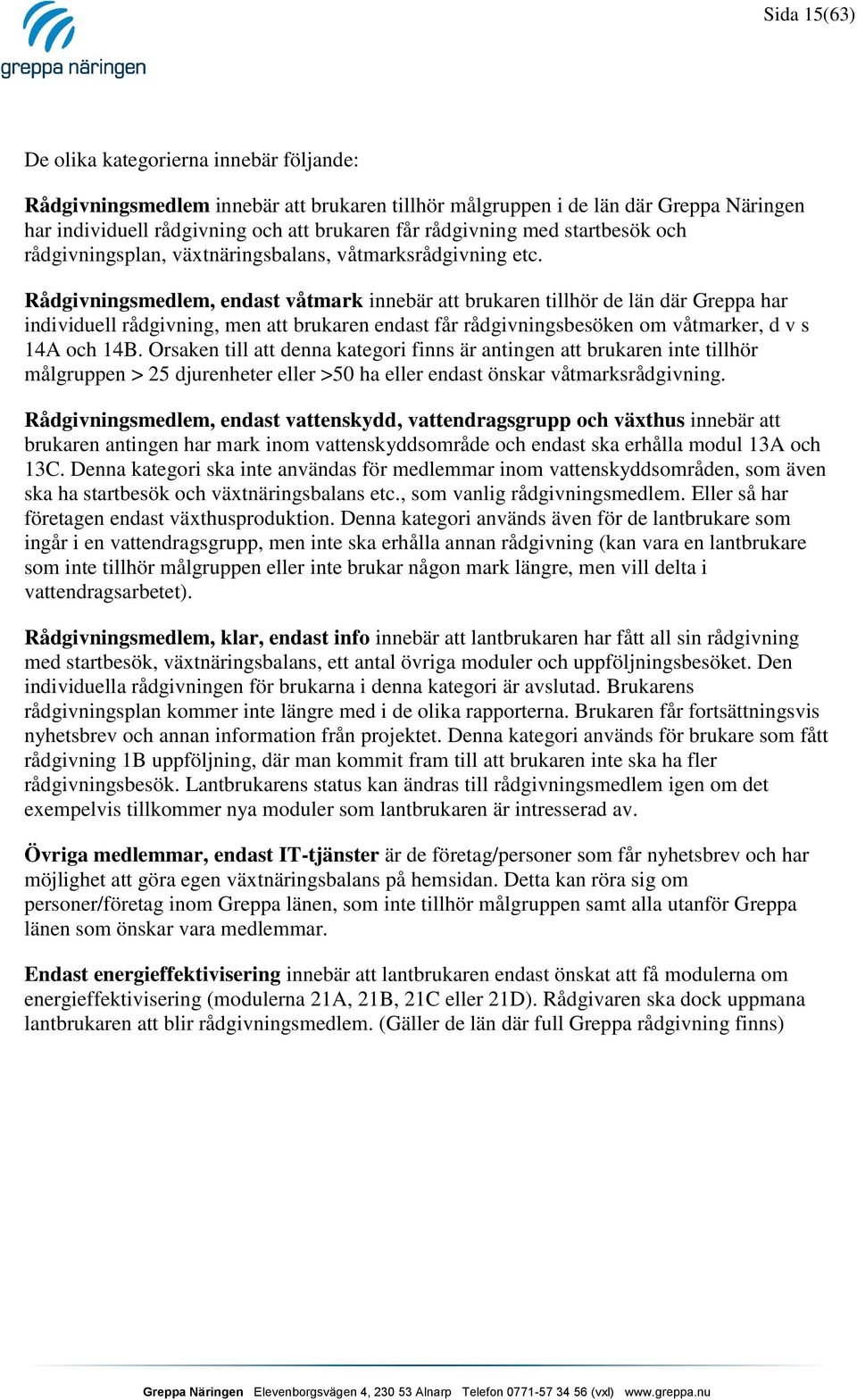 Rådgivningsmedlem, endast våtmark innebär att brukaren tillhör de län där Greppa har individuell rådgivning, men att brukaren endast får rådgivningsbesöken om våtmarker, d v s 14A och 14B.