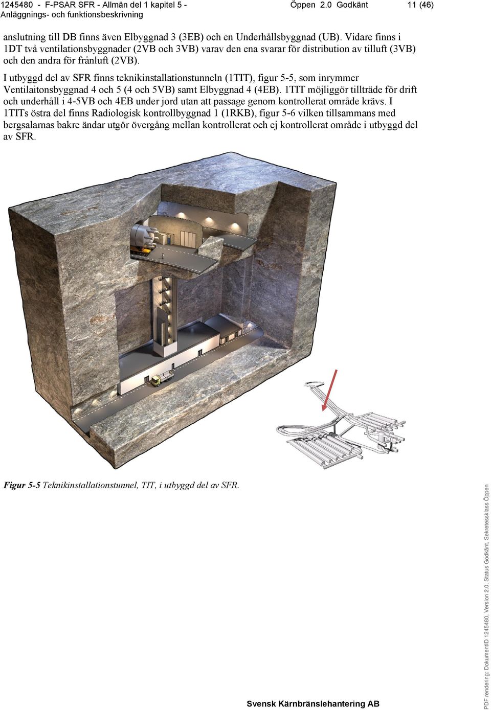 I utbyggd del av SFR finns teknikinstallationstunneln (1TIT), figur 5-5, som inrymmer Ventilaitonsbyggnad 4 och 5 (4 och 5VB) samt Elbyggnad 4 (4EB).