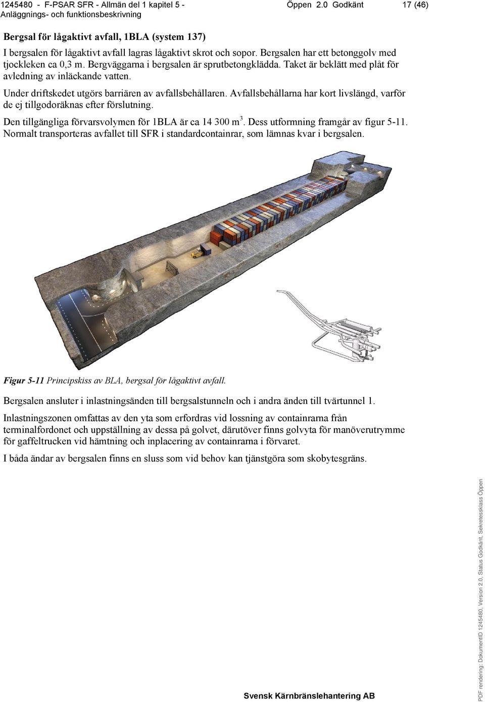 Avfallsbehållarna har kort livslängd, varför de ej tillgodoräknas efter förslutning. Den tillgängliga förvarsvolymen för 1BLA är ca 14 300 m 3. Dess utformning framgår av figur 5-11.