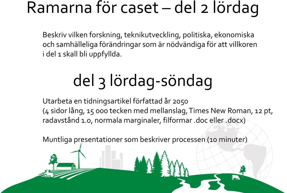 del 3 lördag-söndag Utarbeta en tidningsartikel författad år 2050 (4 sidor lång, 15 000 tecken med mellanslag,