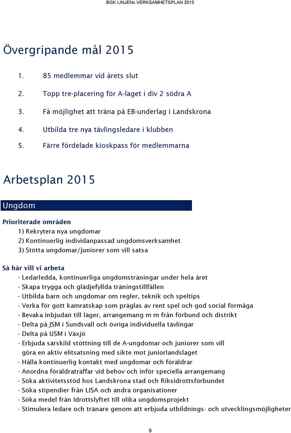 Färre fördelade kioskpass för medlemmarna Arbetsplan 2015 Ungdom Prioriterade områden 1) Rekrytera nya ungdomar 2) Kontinuerlig individanpassad ungdomsverksamhet 3) Stötta ungdomar/juniorer som vill