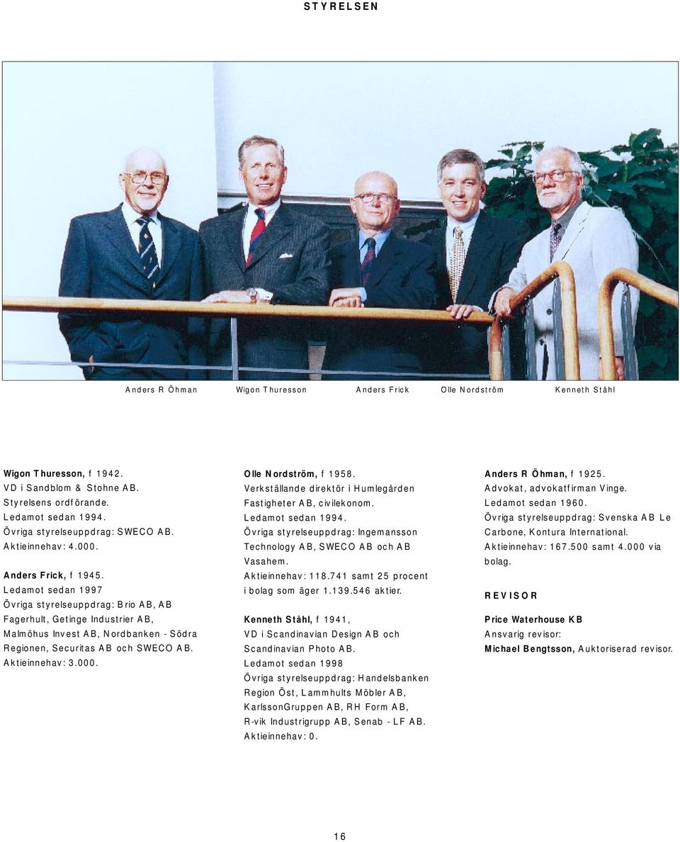 Ledamot sedan 1997 Övriga styrelseuppdrag: Brio AB, AB Fagerhult, Getinge Industrier AB, Malmöhus Invest AB, Nordbanken - Södra Regionen, Securitas AB och SWECO AB. Aktieinnehav: 3.000.