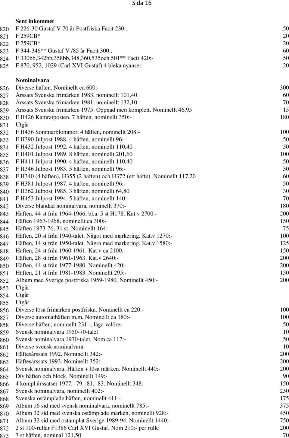 Nominellt ca 600:- 300 827 Årssats Svenska frimärken 1983, nominellt 101,40 60 828 Årssats Svenska frimärken 1981, nominellt 132,10 70 829 Årssats Svenska frimärken 1975. Öppnad men komplett.