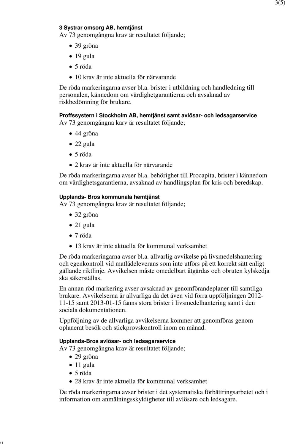 markeringarna avser bl.a. behörighet till Procapita, brister i kännedom om värdighetsgarantierna, avsaknad av handlingsplan för kris och beredskap.