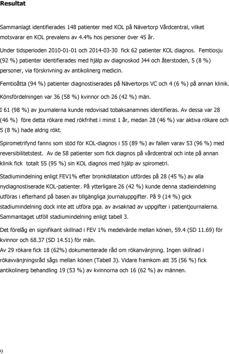 Femtiosju (92 %) patienter identifierades med hjälp av diagnoskod J44 och återstoden, 5 (8 %) personer, via förskrivning av antikolinerg medicin.