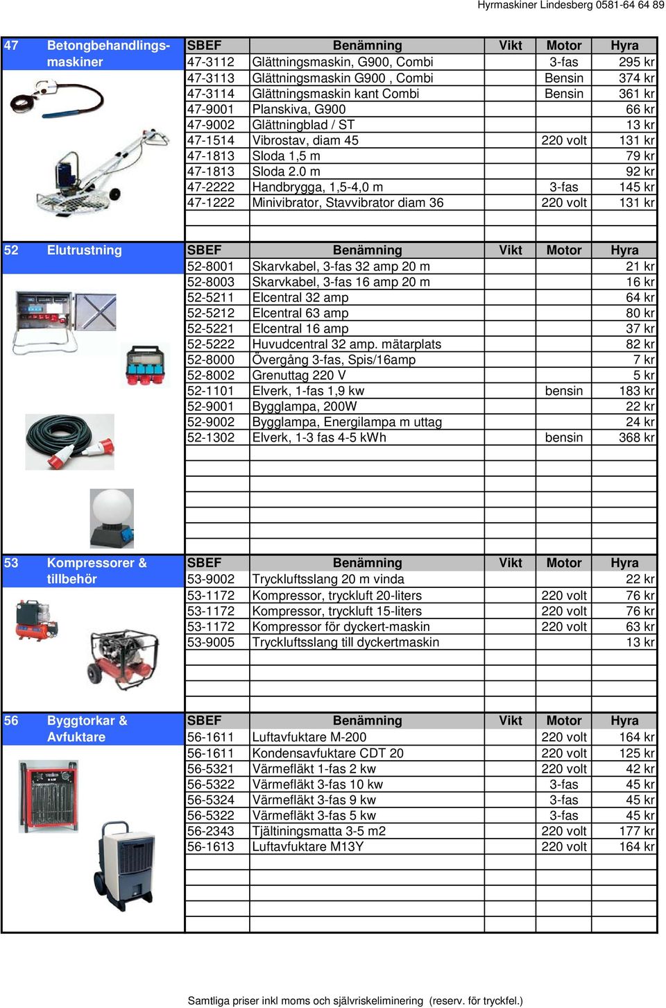 0 m 92 kr 47-2222 Handbrygga, 1,5-4,0 m 3-fas 145 kr 47-1222 Minivibrator, Stavvibrator diam 36 220 volt 131 kr 52 Elutrustning SBEF Benämning Vikt Motor Hyra 52-8001 Skarvkabel, 3-fas 32 amp 20 m 21