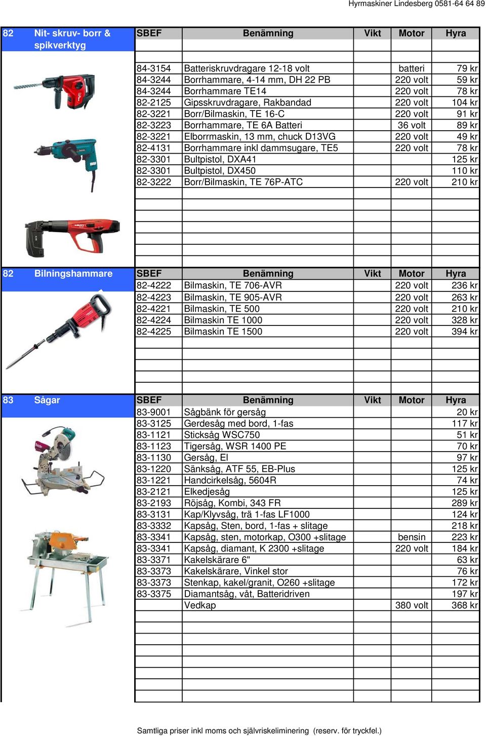 D13VG 220 volt 49 kr 82-4131 Borrhammare inkl dammsugare, TE5 220 volt 78 kr 82-3301 Bultpistol, DXA41 125 kr 82-3301 Bultpistol, DX450 110 kr 82-3222 Borr/Bilmaskin, TE 76P-ATC 220 volt 210 kr 82