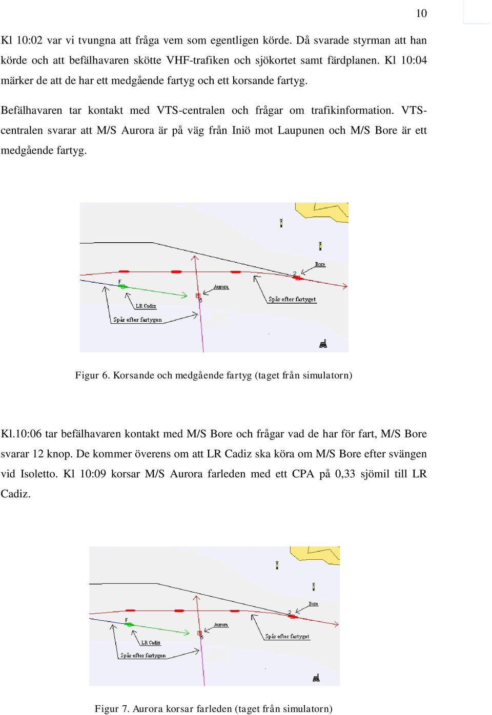 VTScentralen svarar att M/S Aurora är på väg från Iniö mot Laupunen och M/S Bore är ett medgående fartyg. Figur 6. Korsande och medgående fartyg (taget från simulatorn) Kl.