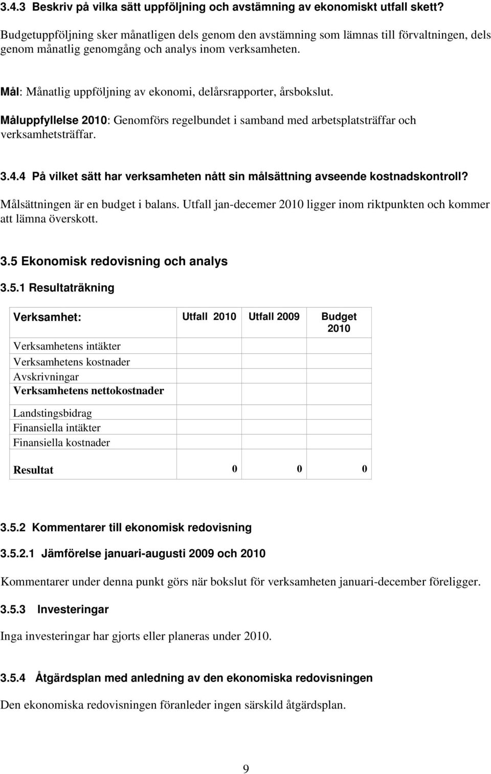 Mål: Månatlig uppföljning av ekonomi, delårsrapporter, årsbokslut. Måluppfyllelse 2010: Genomförs regelbundet i samband med arbetsplatsträffar och verksamhetsträffar. 3.4.