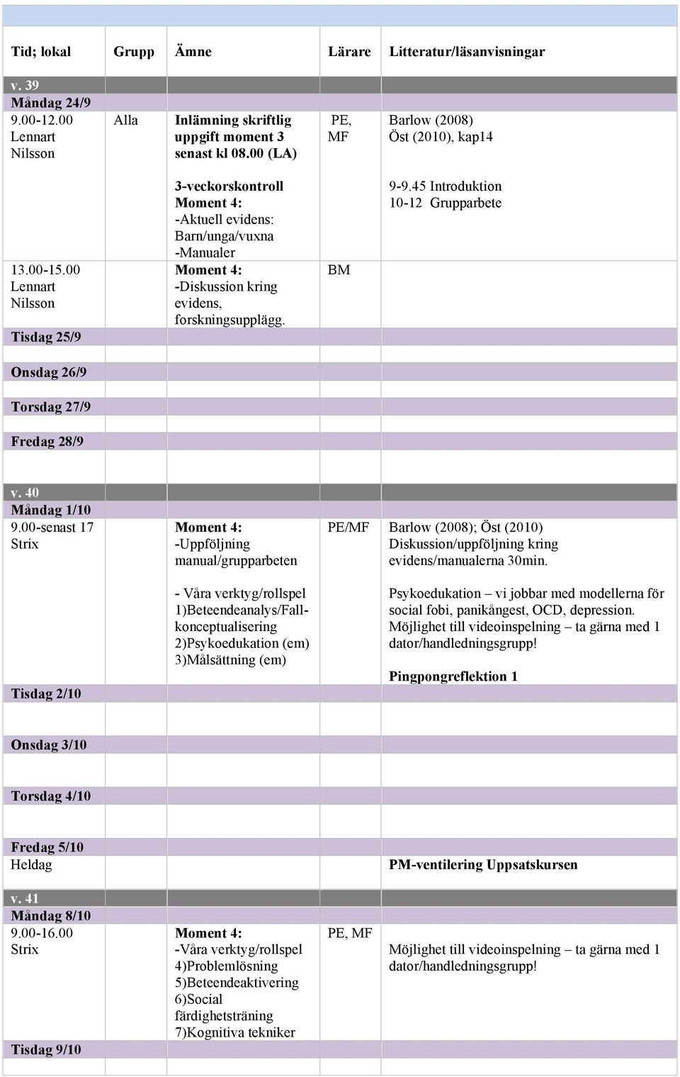 45 Introduktion 10-12 Grupparbete Onsdag 26/9 27/9 Fredag 28/9 v. 40 1/10 9.