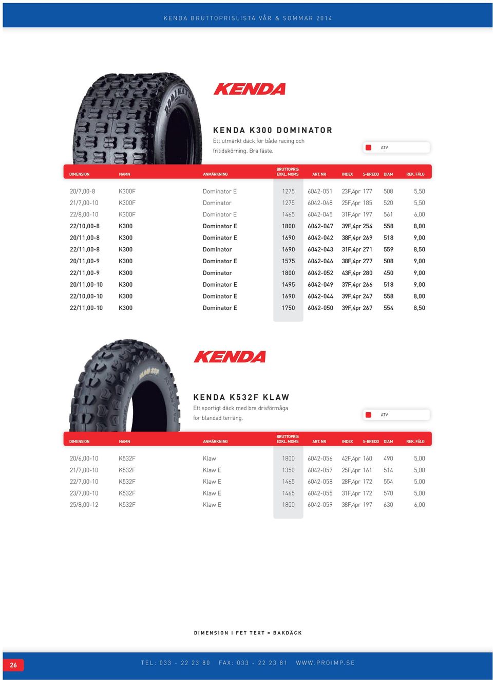 K300 Dominator E 1800 6042-047 39F,4pr 254 558 8,00 20/11,00-8 K300 Dominator E 1690 6042-042 38F,4pr 269 518 9,00 22/11,00-8 K300 Dominator 1690 6042-043 31F,4pr 271 559 8,50 20/11,00-9 K300