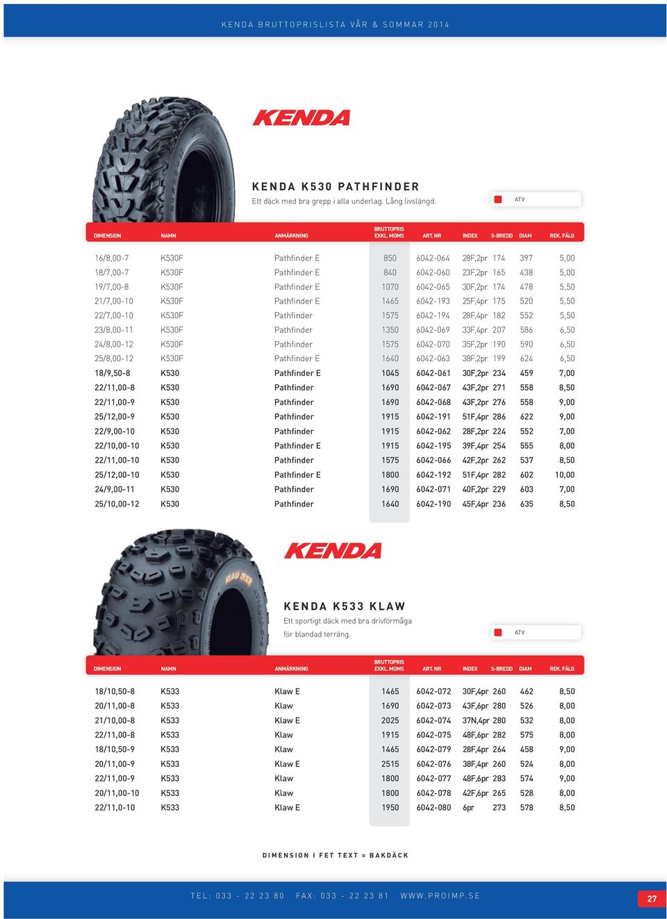 21/7,00-10 K530F Pathfinder E 1465 6042-193 25F,4pr 175 520 5,50 22/7,00-10 K530F Pathfinder 1575 6042-194 28F,4pr 182 552 5,50 23/8,00-11 K530F Pathfinder 1350 6042-069 33F,4pr 207 586 6,50