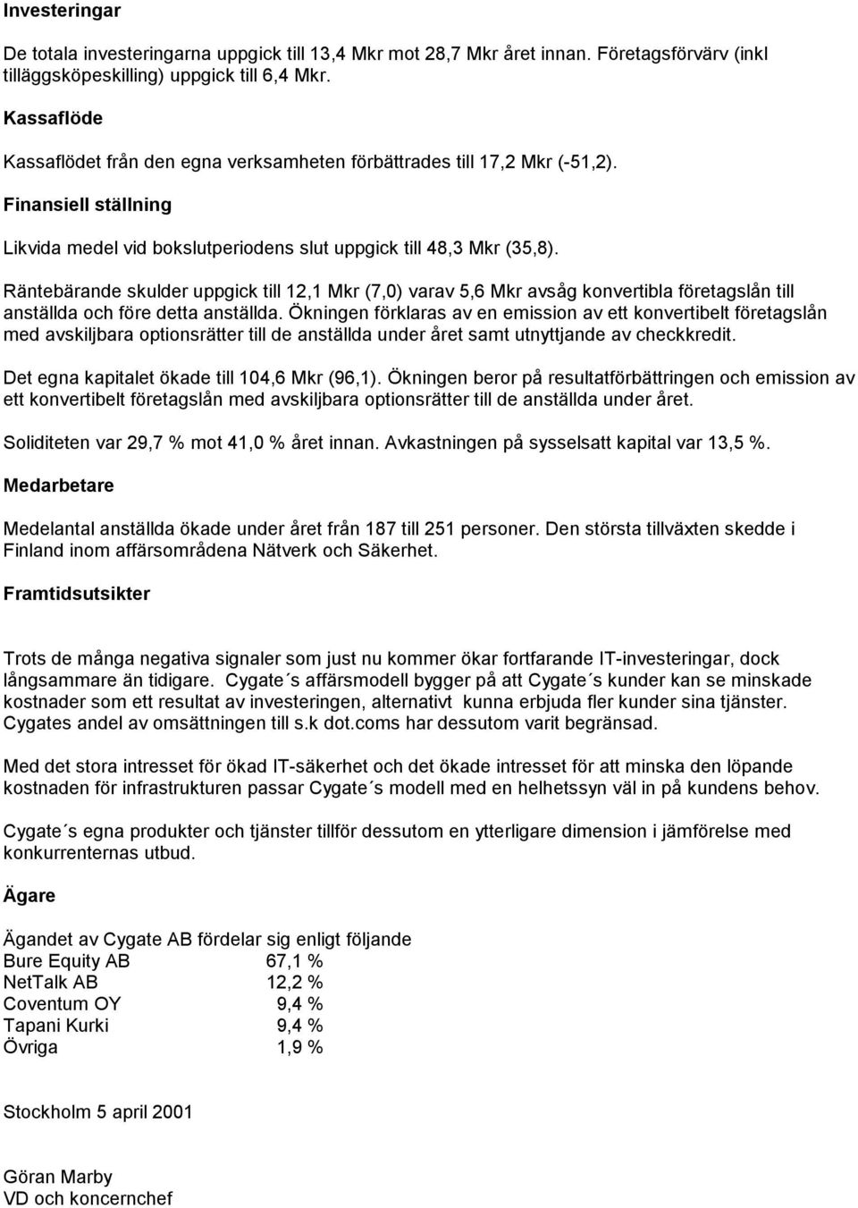 Räntebärande skulder uppgick till 12,1 Mkr (7,0) varav 5,6 Mkr avsåg konvertibla företagslån till anställda och före detta anställda.