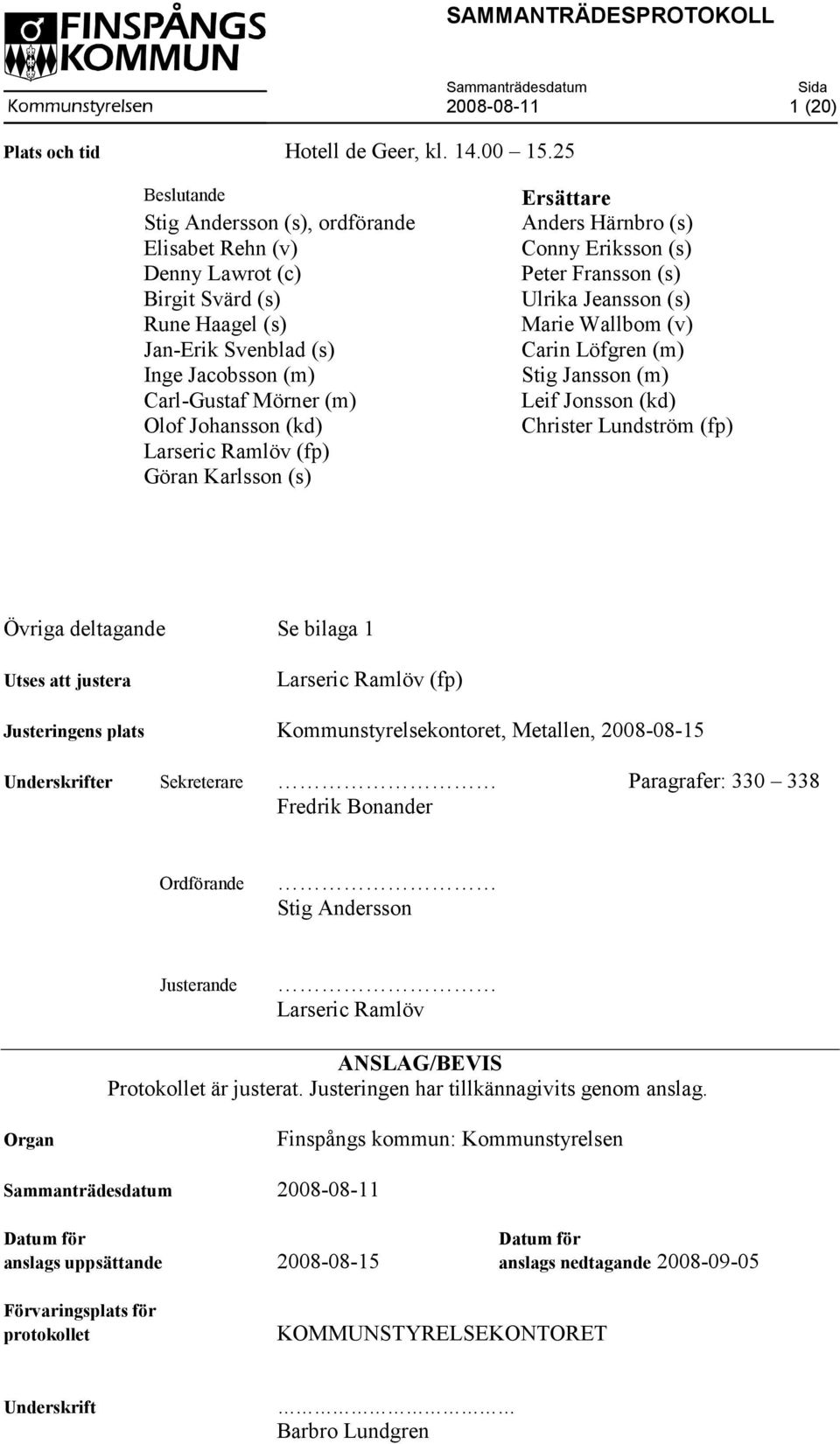 Johansson (kd) Larseric Ramlöv (fp) Göran Karlsson (s) Ersättare Anders Härnbro (s) Conny Eriksson (s) Peter Fransson (s) Ulrika Jeansson (s) Marie Wallbom (v) Carin Löfgren (m) Stig Jansson (m) Leif