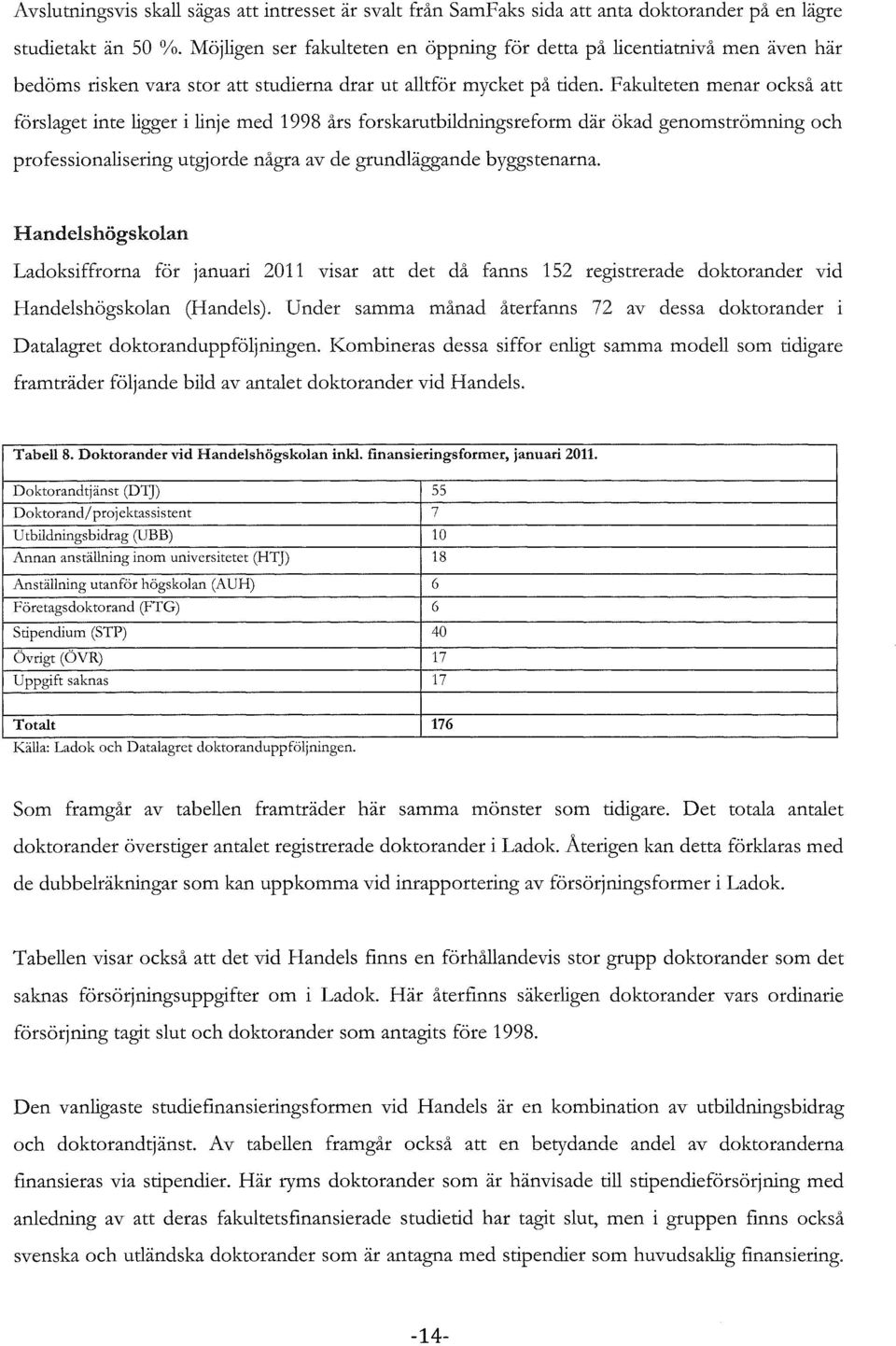 Fakulteten menar också att förslaget inte ligger i linje med 1998 års forskarutbildningsreform där ökad genomströmning och professionalisering utgjorde några av de grundläggande byggstenarna.