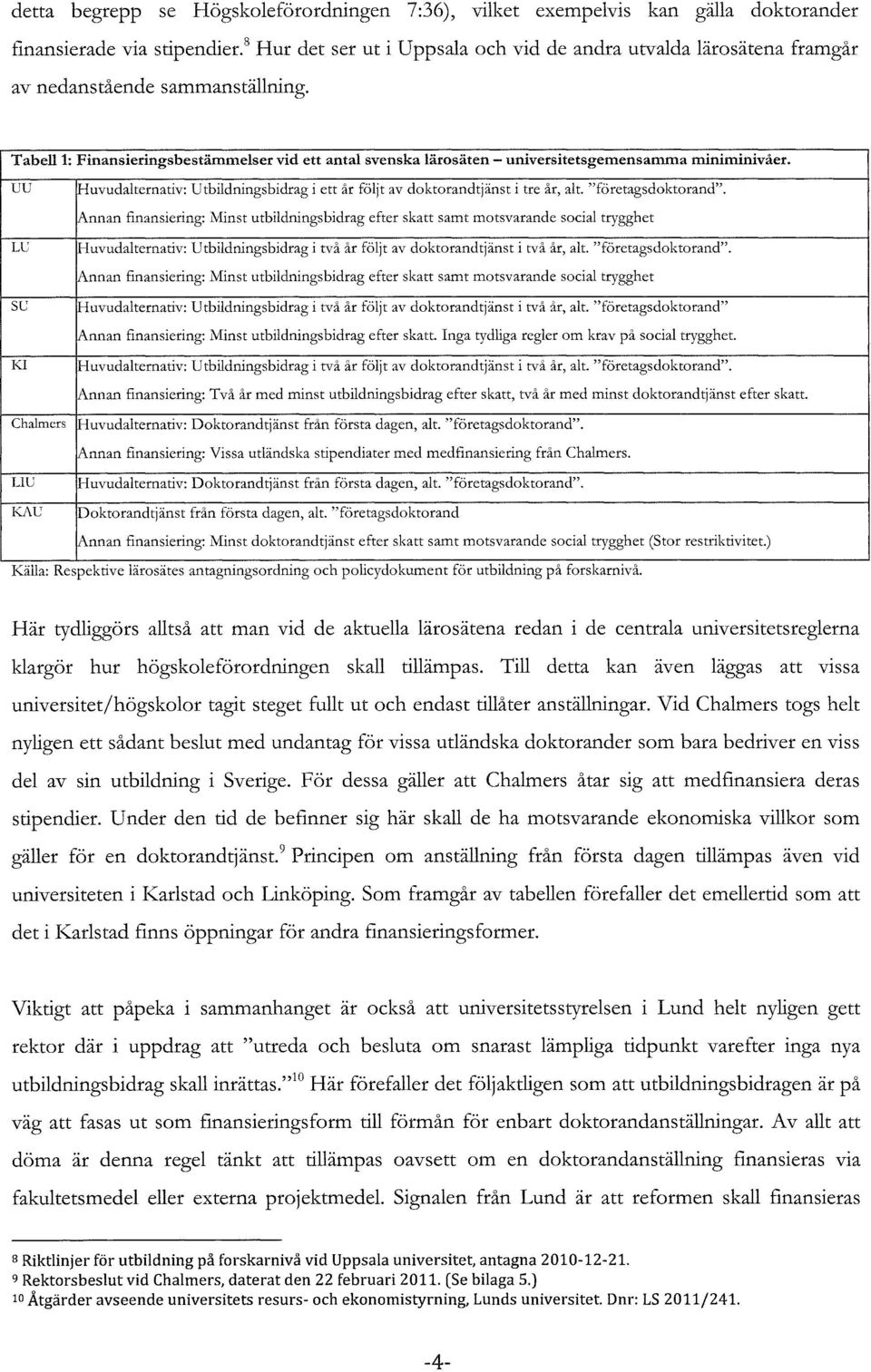 Tabell 1: Finansieringsbestämmelser vid ett antal svenska lärosäten - universitetsgemensamma miniminivåer. UC ihuvudalternativ: Utbildningsbidrag i ett år följt av doktorandtjänst i tre år, alt.