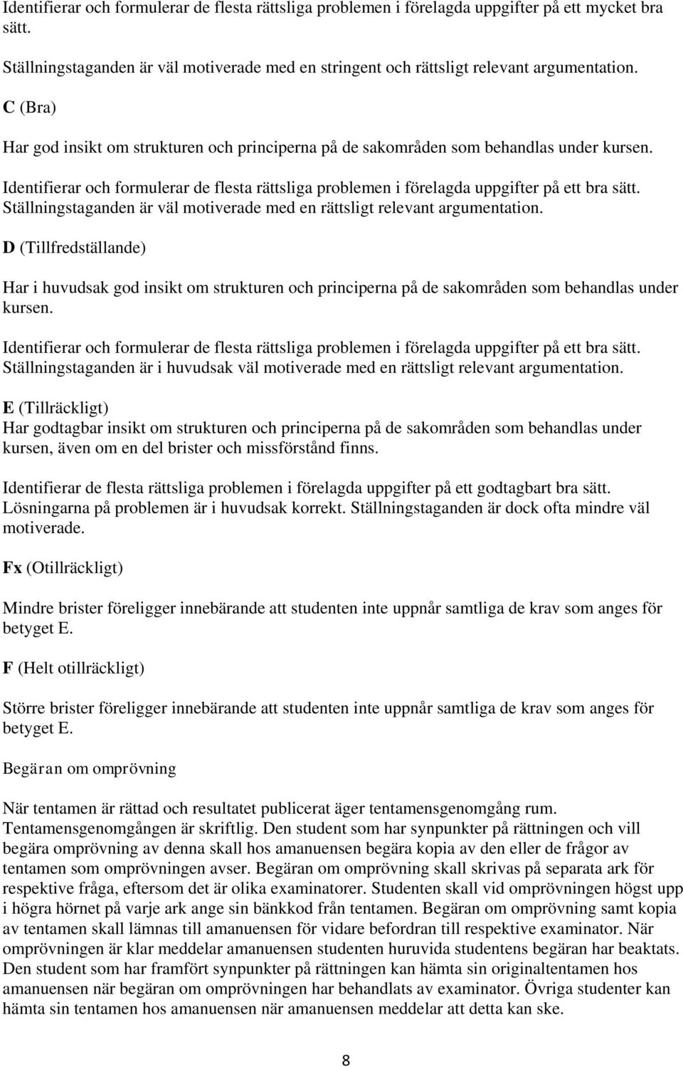 Ställningstaganden är väl motiverade med en rättsligt relevant argumentation. D (Tillfredställande) Har i huvudsak god insikt om strukturen och principerna på de sakområden som behandlas under kursen.