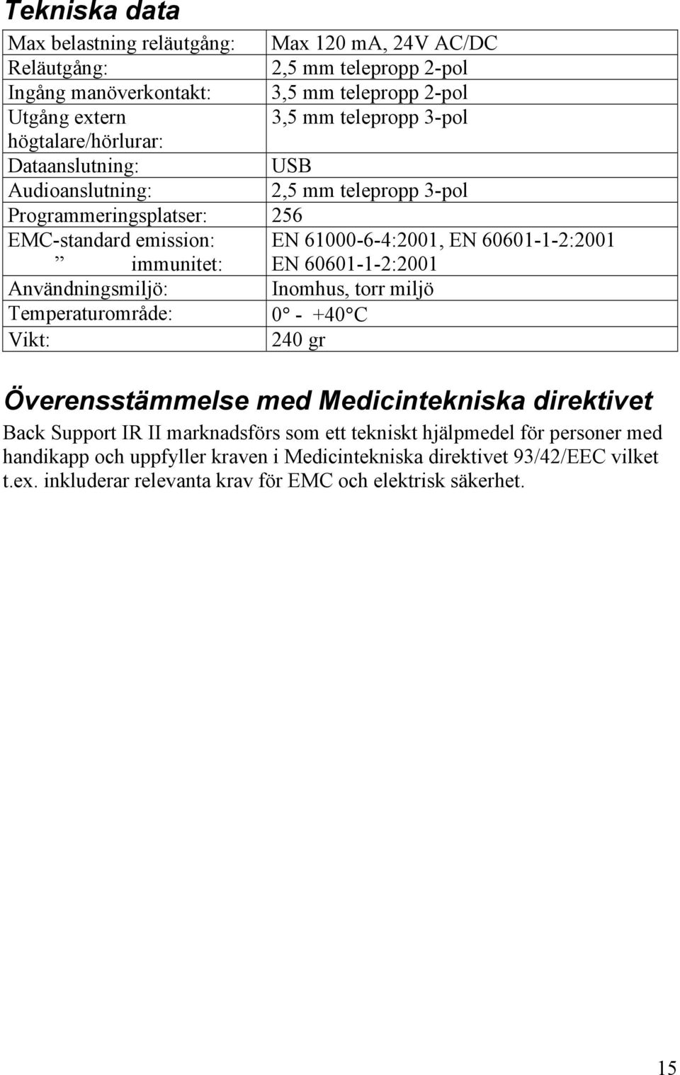 60601-1-2:2001 Användningsmiljö: Inomhus, torr miljö Temperaturområde: 0 - +40 C Vikt: 240 gr Överensstämmelse med Medicintekniska direktivet Back Support IR II marknadsförs som