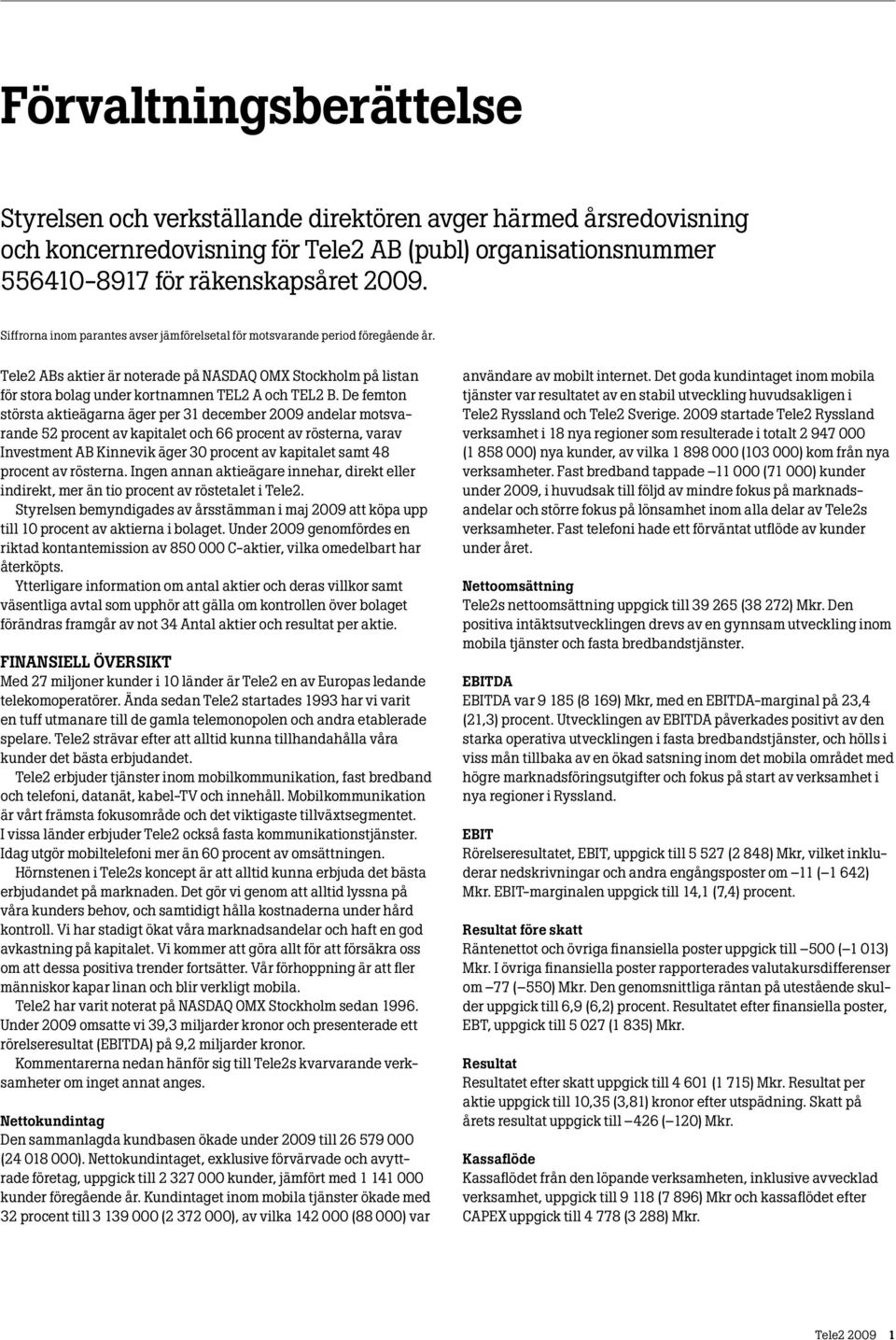 De femton största aktieägarna äger per 31 december 2009 andelar motsvarande 52 procent av kapitalet och 66 procent av rösterna, varav Investment AB Kinnevik äger 30 procent av kapitalet samt 48