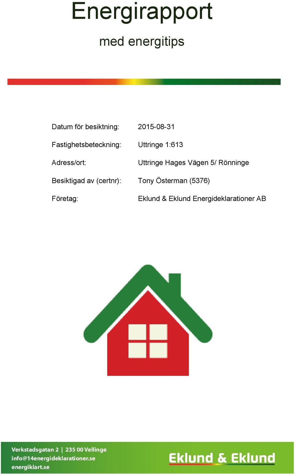 Adress/ort: Uttringe Hages Vägen 5/ Rönninge Besiktigad av