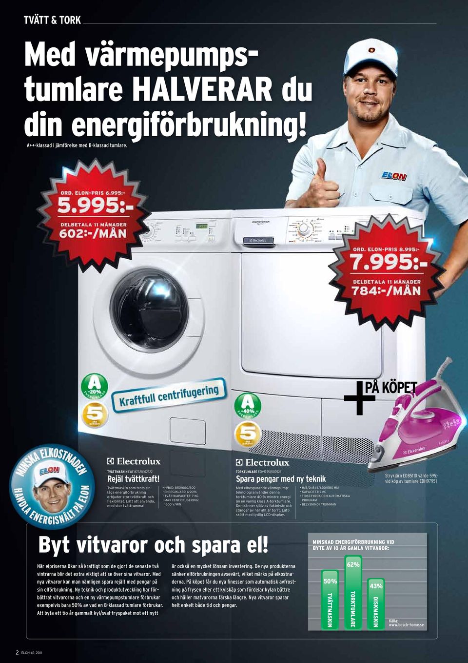 H/B/D: 850/600/600 Energiklass: a-20% Tvättkapacitet: 7 kg Max centrifugering: 1600 v/min Torktumlare Edh97951/102526 para pengar med ny teknik Med elbesparande värmepumpteknologi använder denna tork