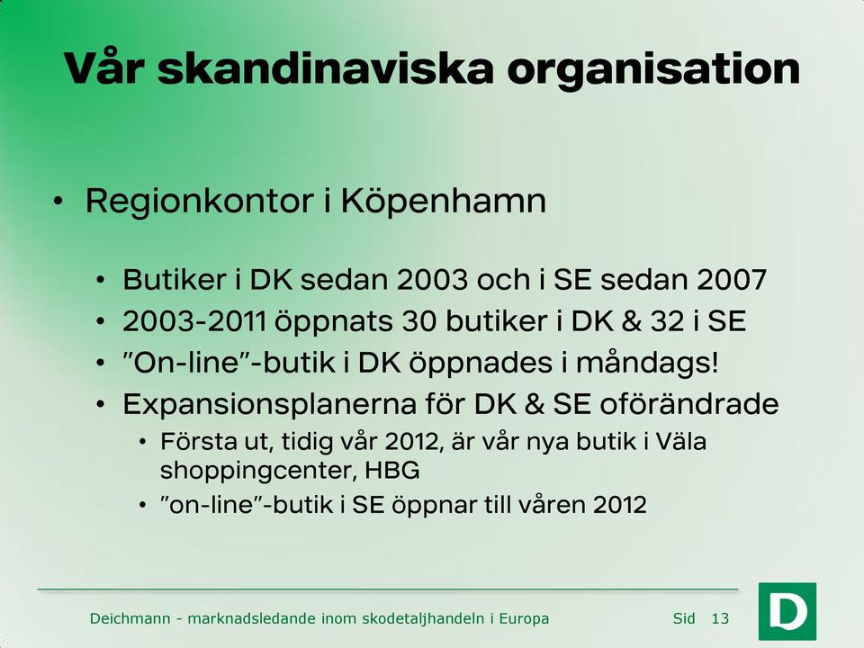 Expansionsplanerna för DK & SE oförändrade Första ut, tidig vår 2012, är vår nya butik i Väla